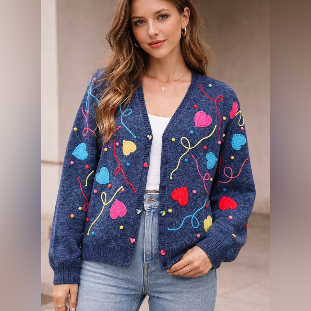Marisa Christina Heart Embroidered Cardigan Sweater Blue Ramie Cotton Size M